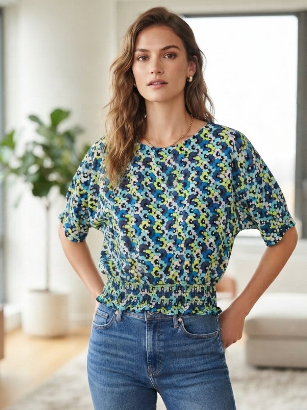 Michael Kors Floral Smocked Hem Blouse Top Limeade, Large
